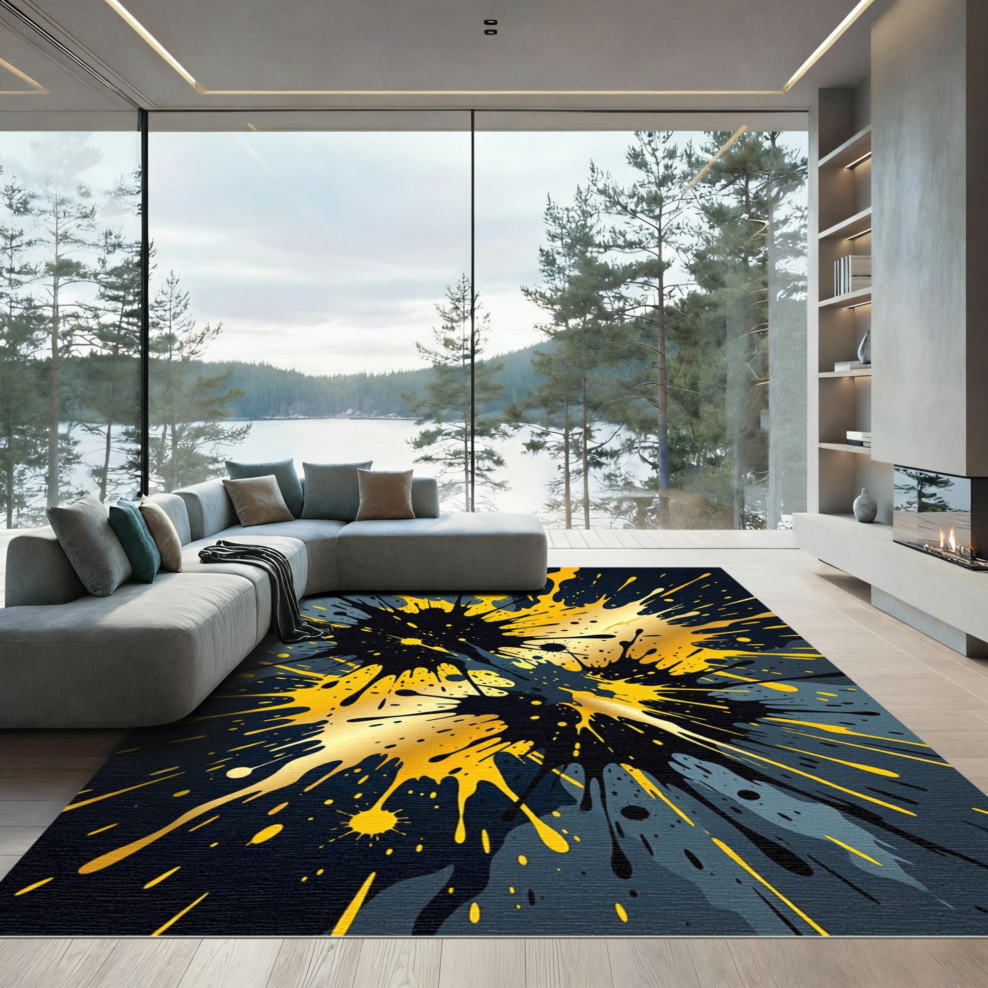 Bold Black and Gold Abstract Splash Rug