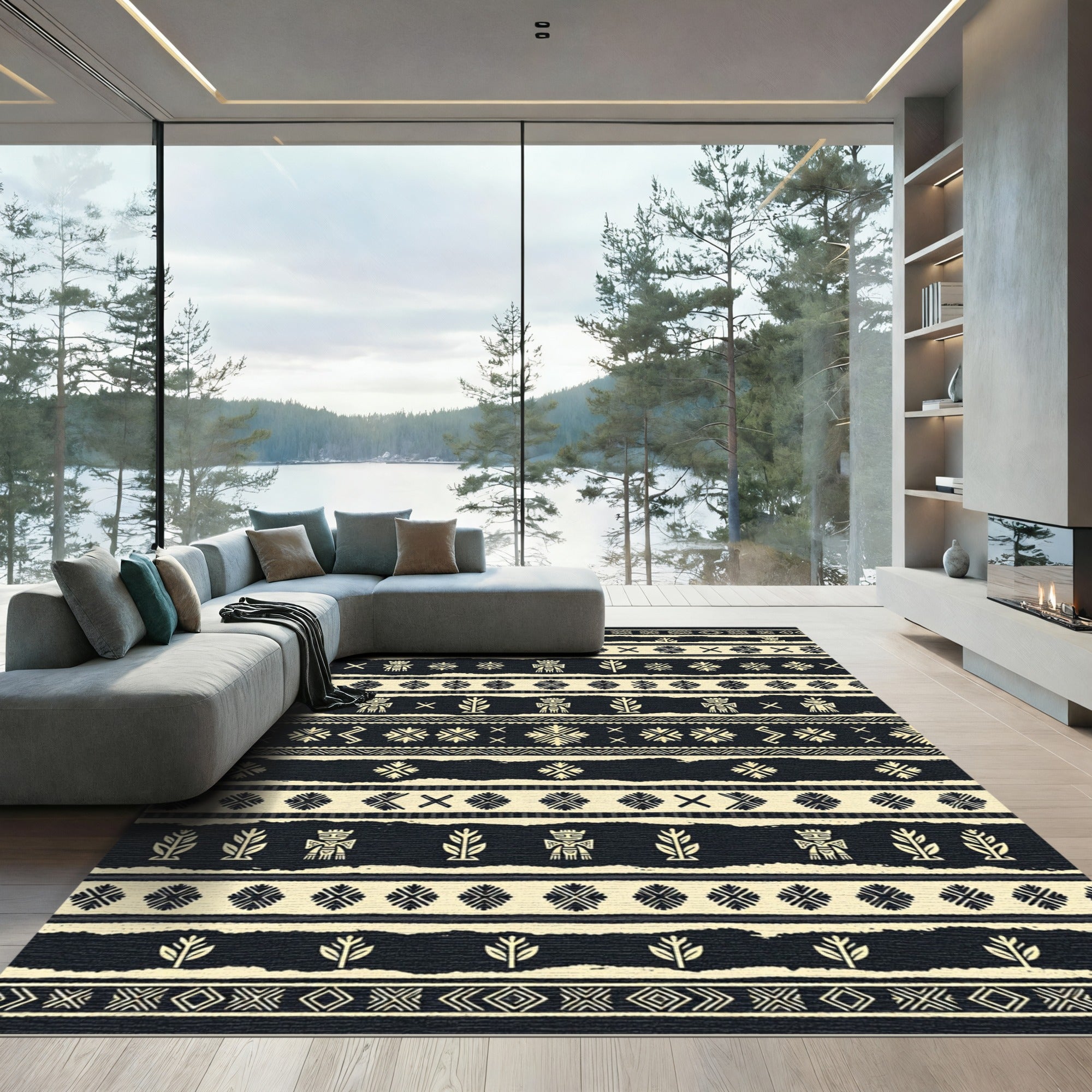Tribal Cream Black Figures Stripes Rug