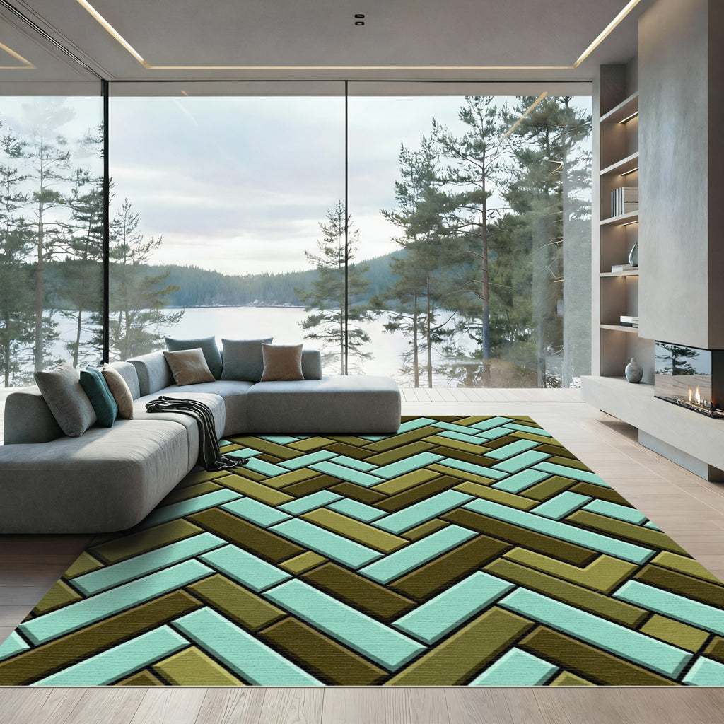 Sage and Olive Herringbone Tile Layout Rug