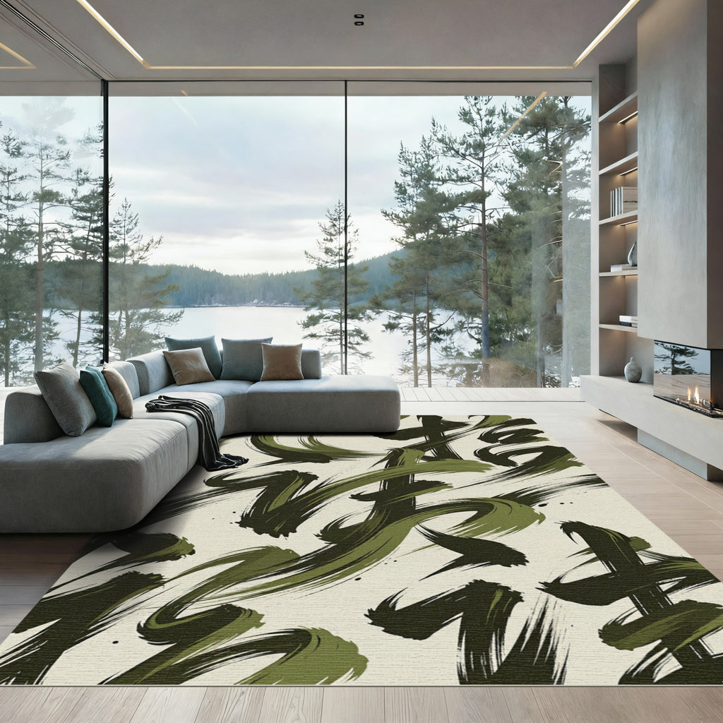 Abstract Olive Brushstrokes Rug