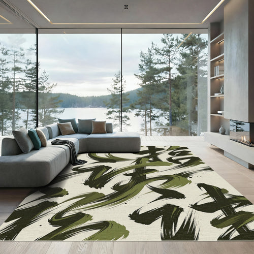 Abstract Olive Brushstrokes Rug
