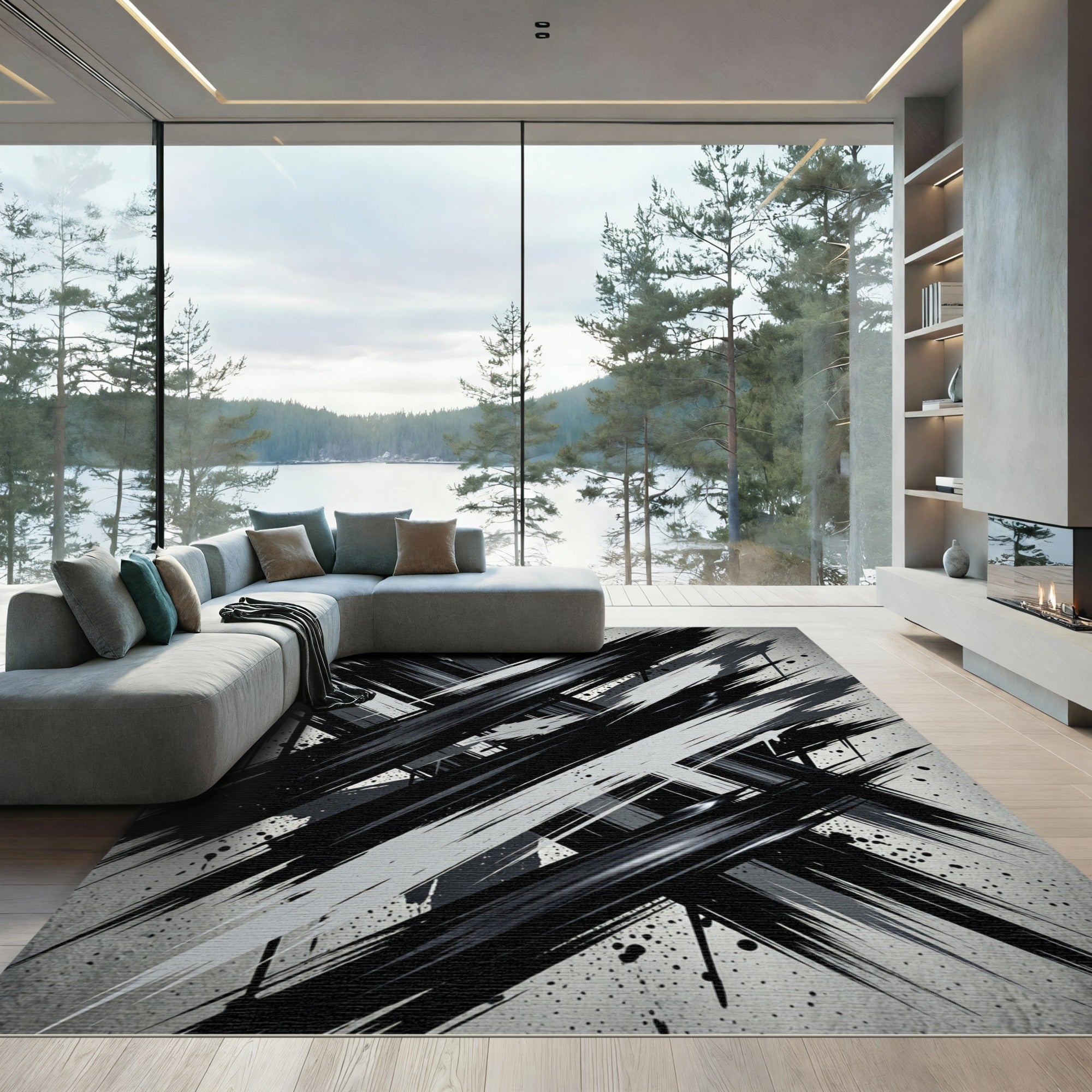 Monochrome Abstract Black and White Brushstroke Rug