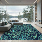 Elegant Teal Botanical Lotus Flourish Rug