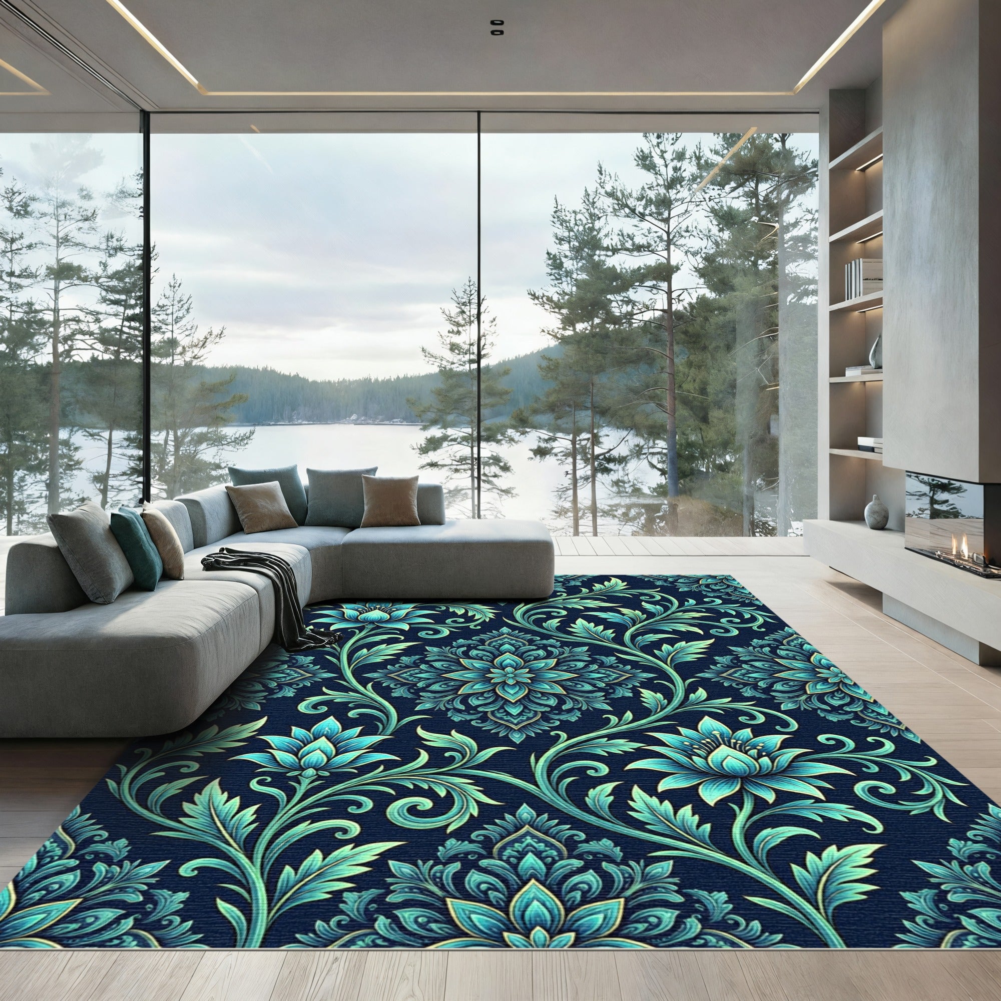 Elegant Teal Botanical Lotus Flourish Rug