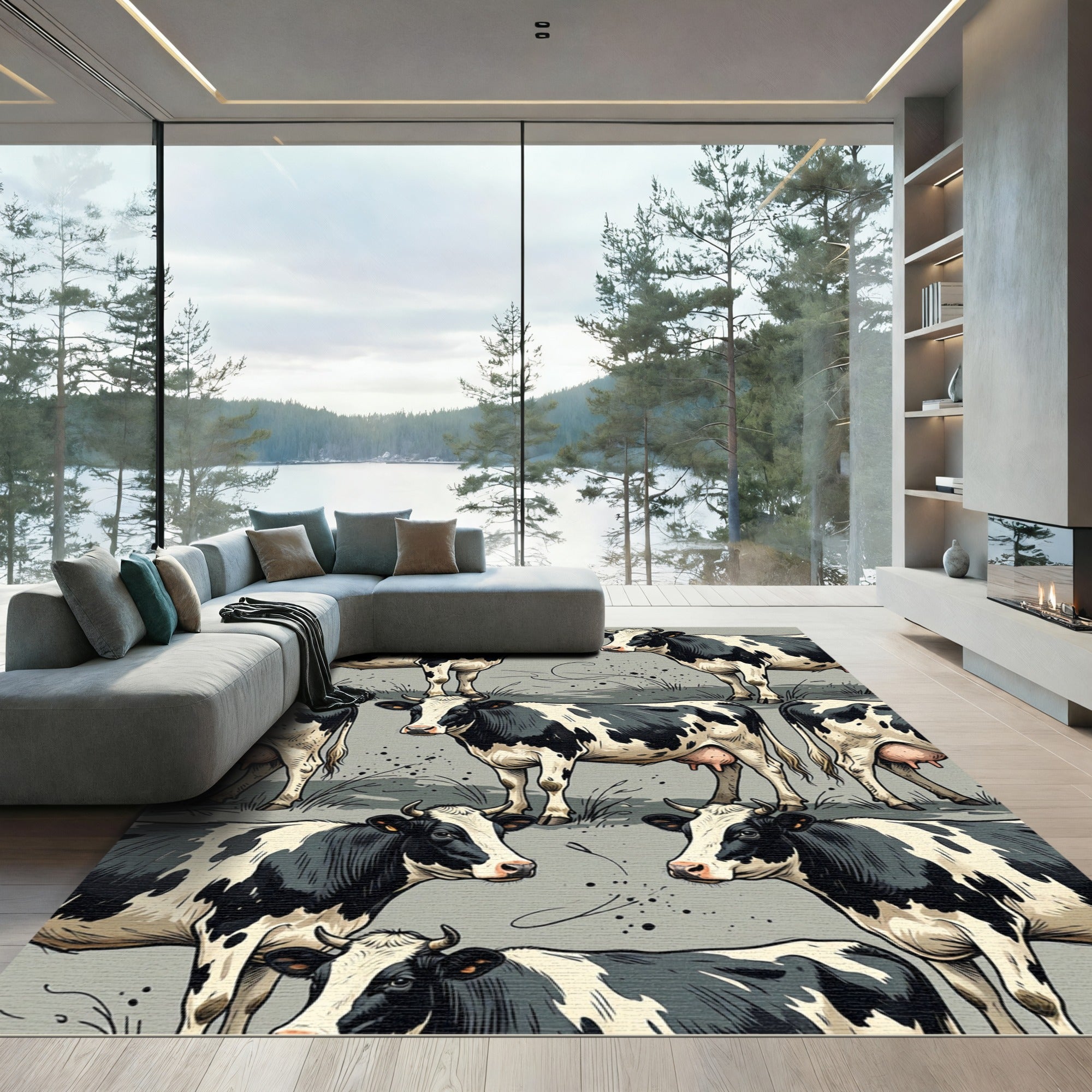 Modern Black and White Dairy Cow Rug