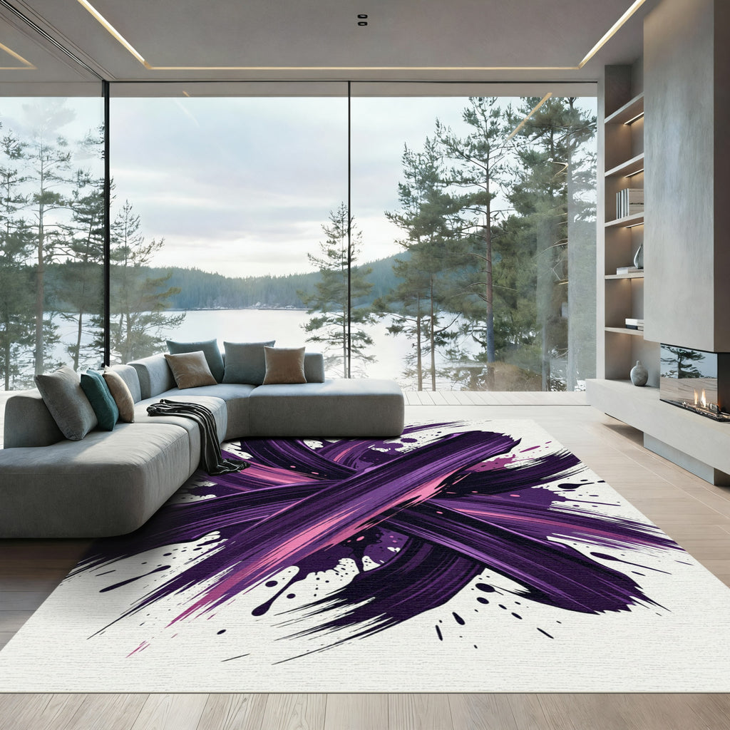 Dramatic Purple Abstract Ink Brush Stroke Rug