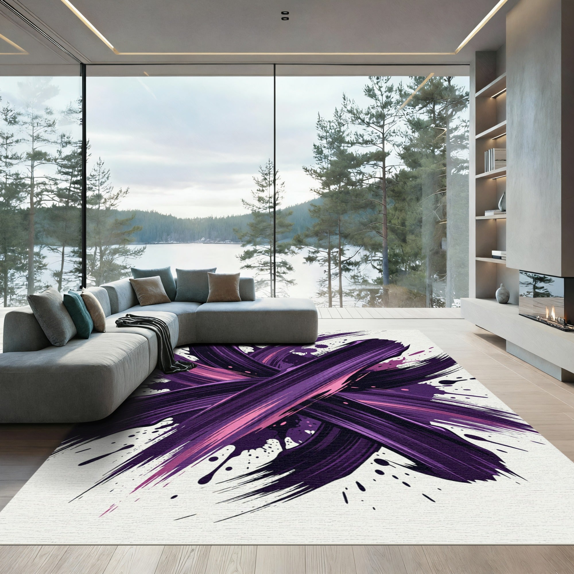 Dramatic Purple Abstract Ink Brush Stroke Rug