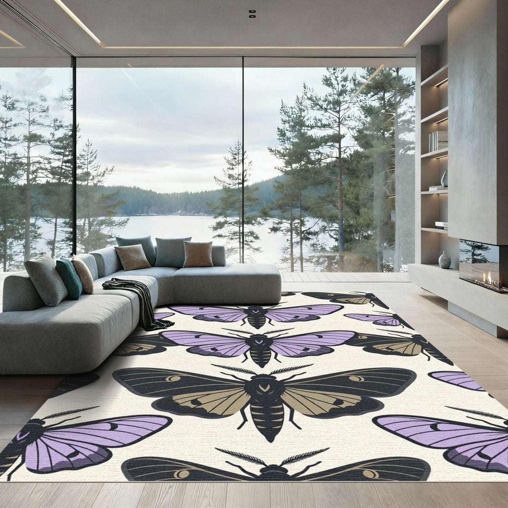 Whimsical Purple Moth Botanical Art Rug
