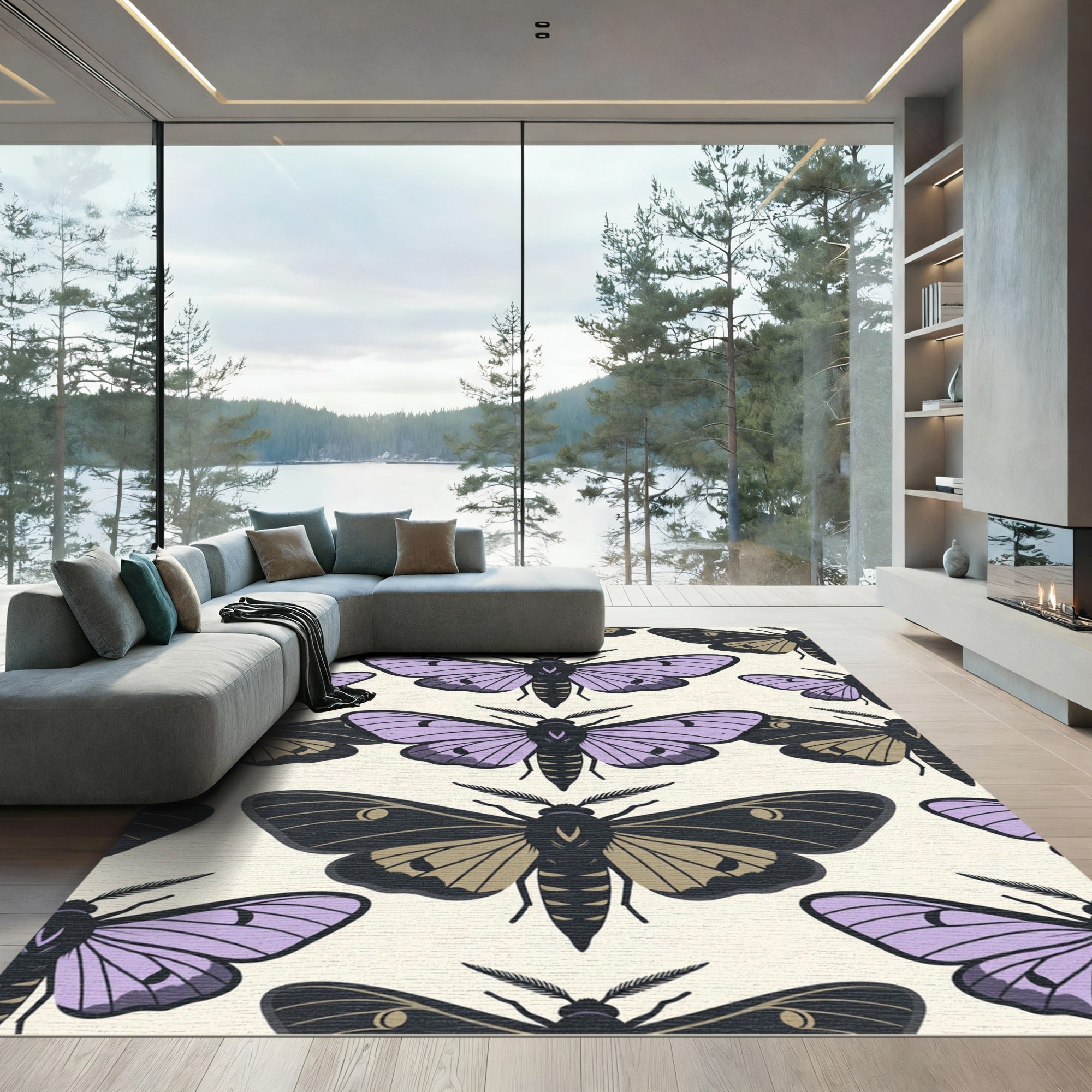 Whimsical Purple Moth Botanical Art Rug