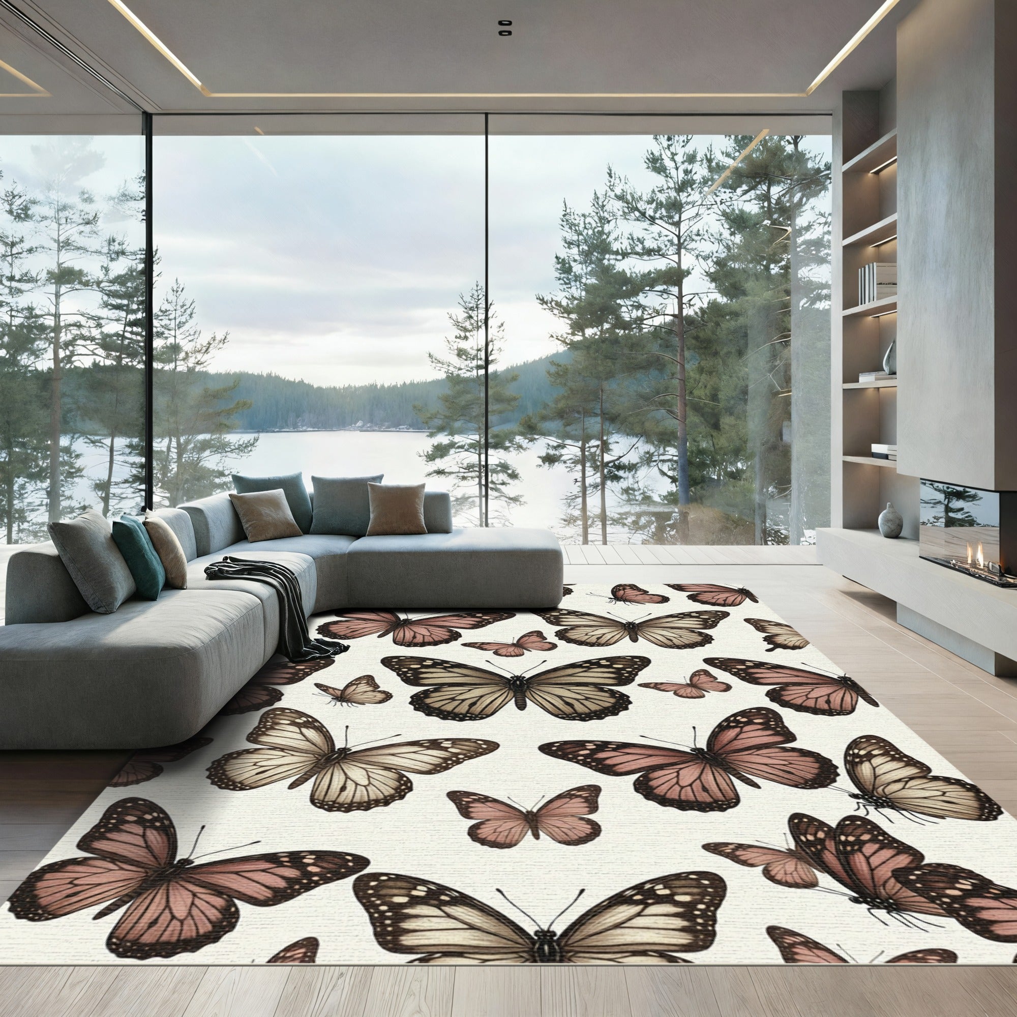 Soft Pink and Beige Butterfly Garden Rug