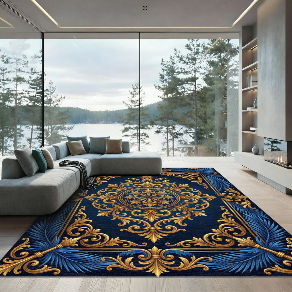 Royal Navy Blue Golden Baroque Medallion Rug