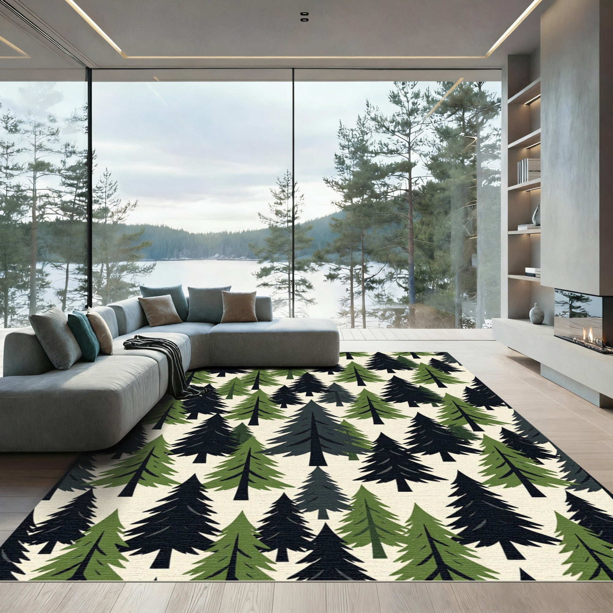 Earthy Green Forest Pine Tree Rug