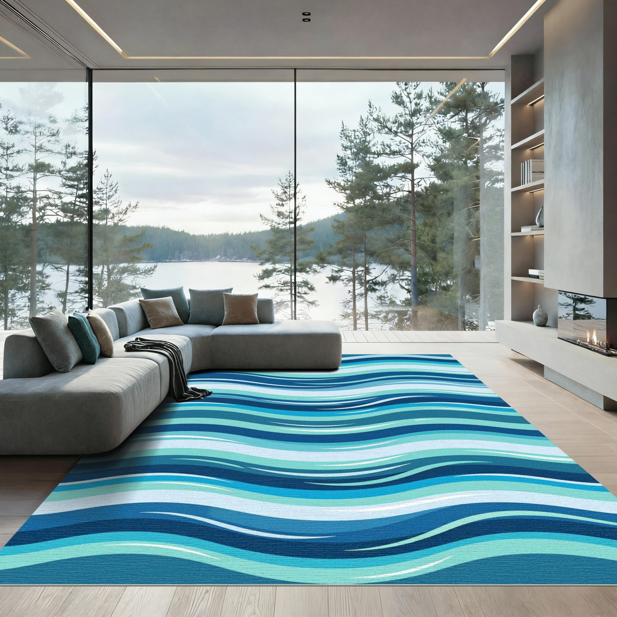 Modern Blue Oceanic Wavy Stripe Rug