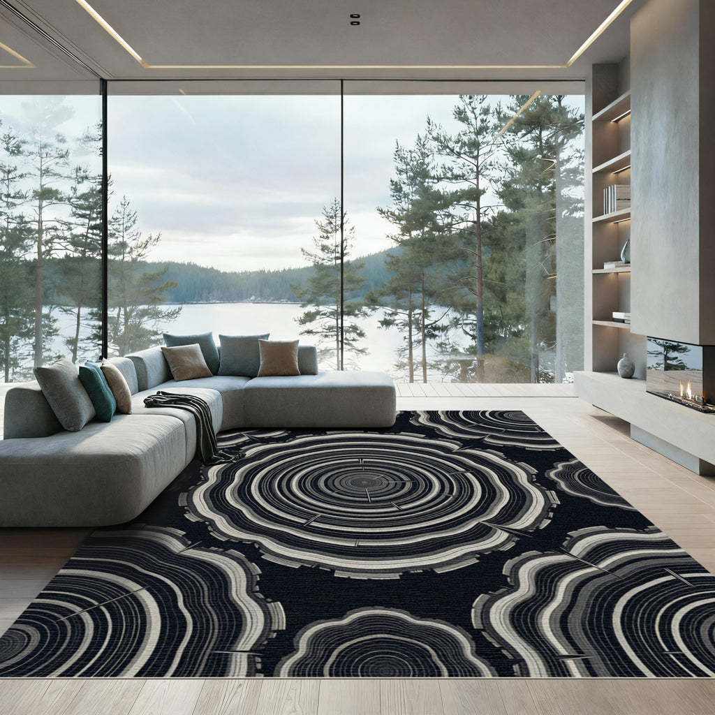 Monochromatic wood grain cross-section graphic Rug