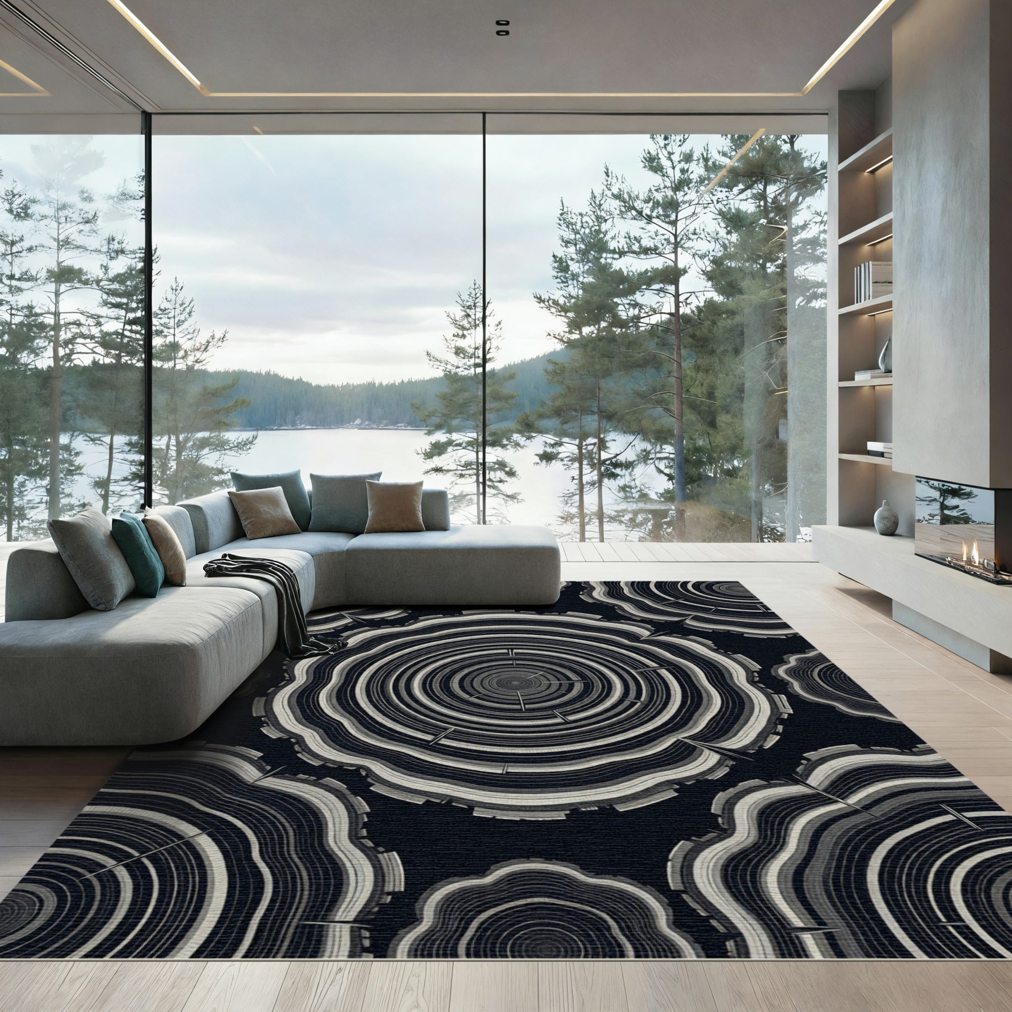 Monochromatic wood grain cross-section graphic Rug