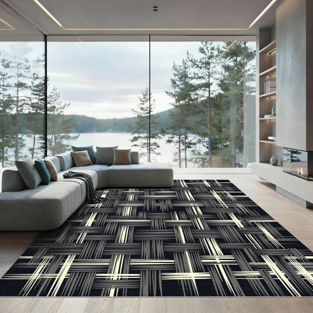 Monochrome Textured Woven Geometric Grid Rug