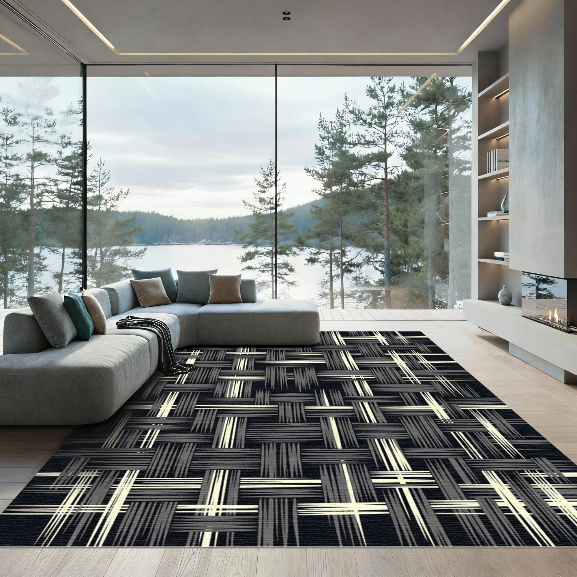 Monochrome Textured Woven Geometric Grid Rug