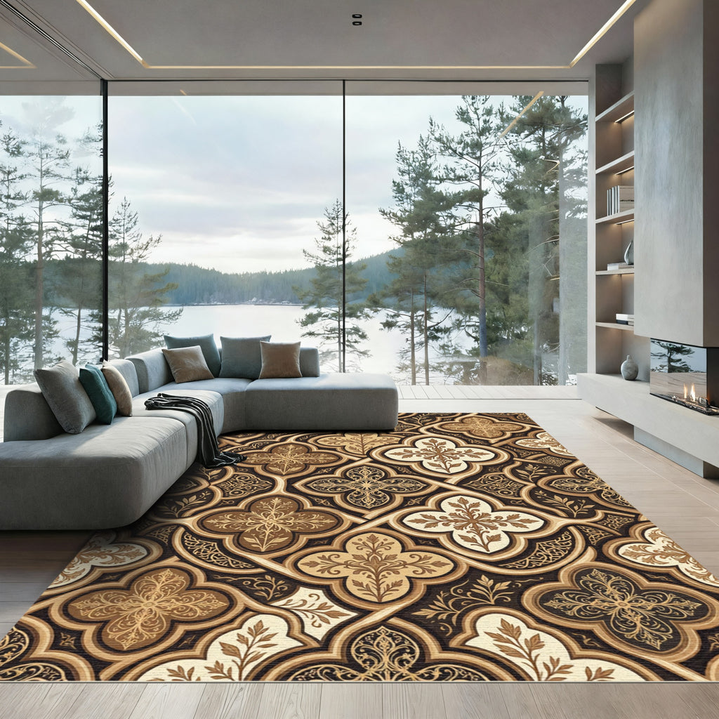 Elegant Gold and Brown Quatrefoil Medallion Rug