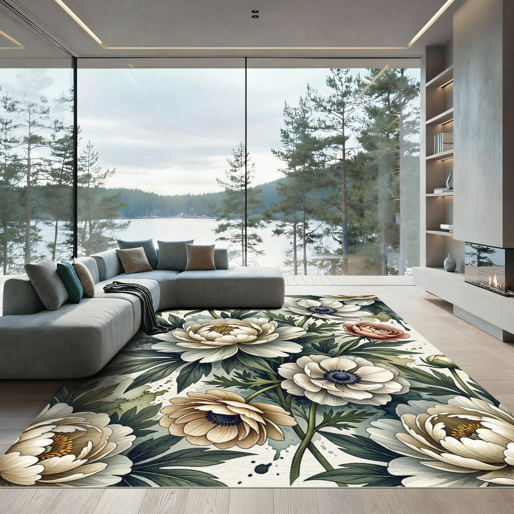 Elegant Botanical Cream Peony Floral Rug