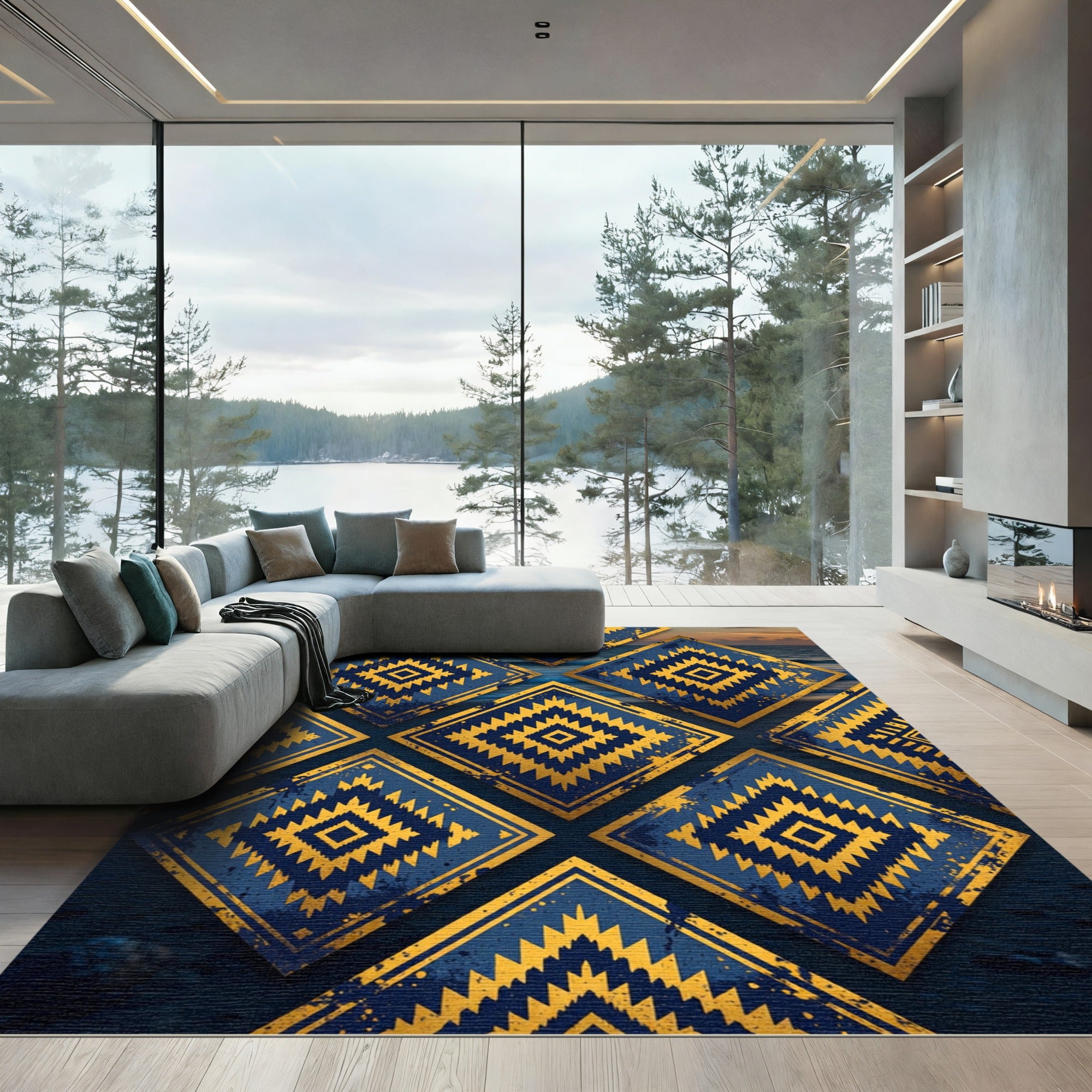 Navy Gold Tribal Diamond Geometric Rug