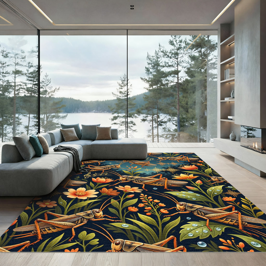 Golden Grasshopper Meadow Nocturnal Illustration Rug