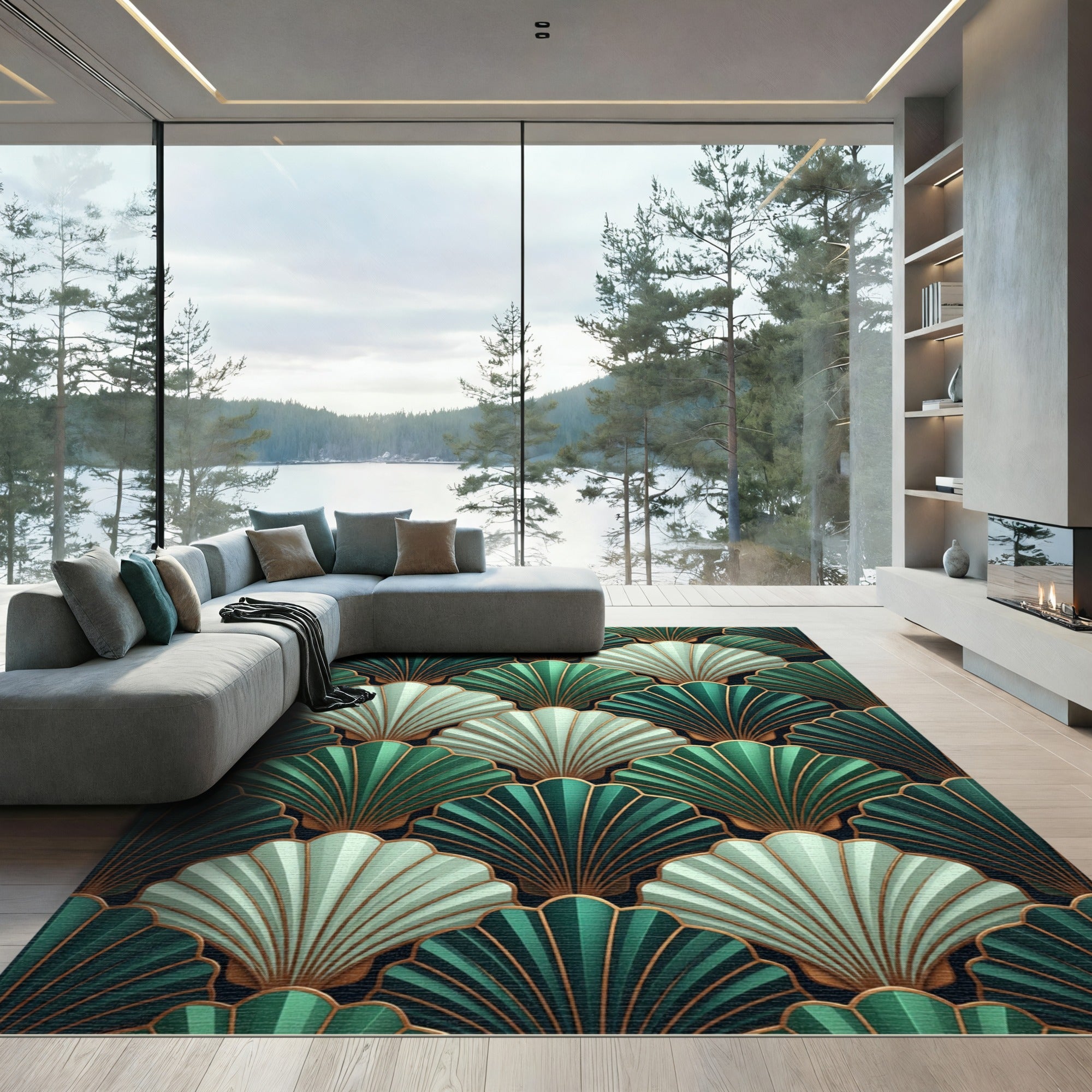 Emerald Green Fan Shell Geometric Rug