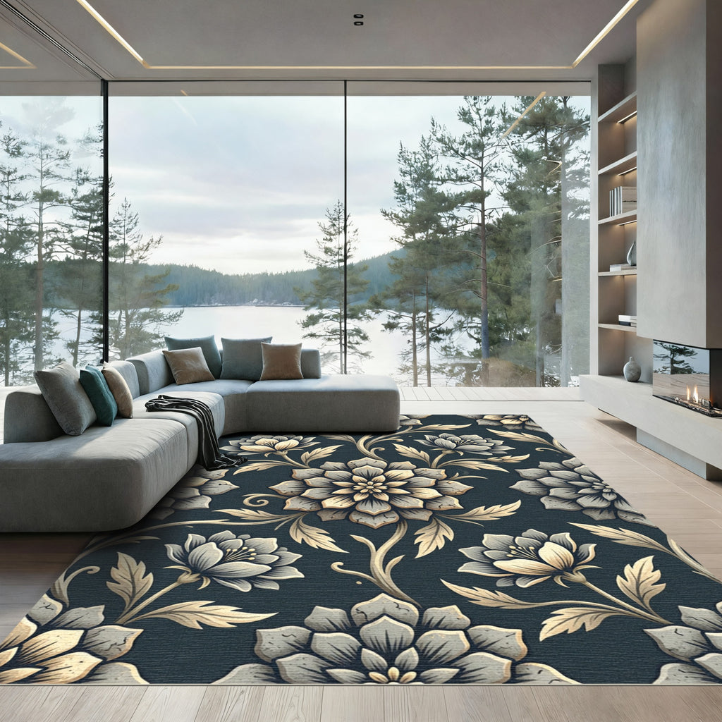 Ornate Gray Floral Scrollwork Rug