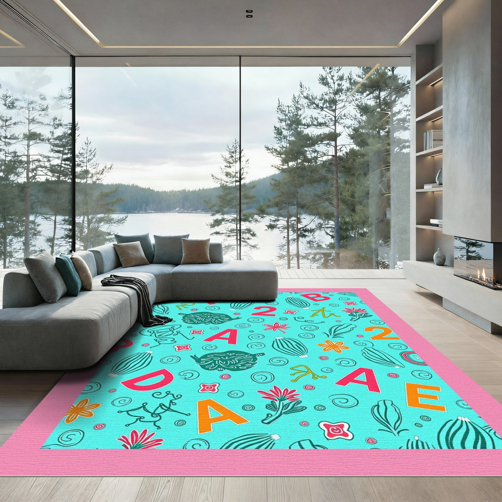Aqua Alphabet Floral Whimsical Collage Rug