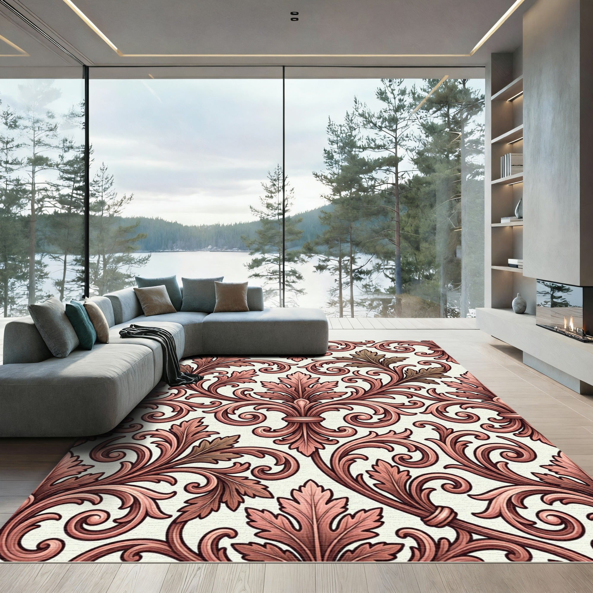 Ornate Rose Gold Acanthus Scroll Rug
