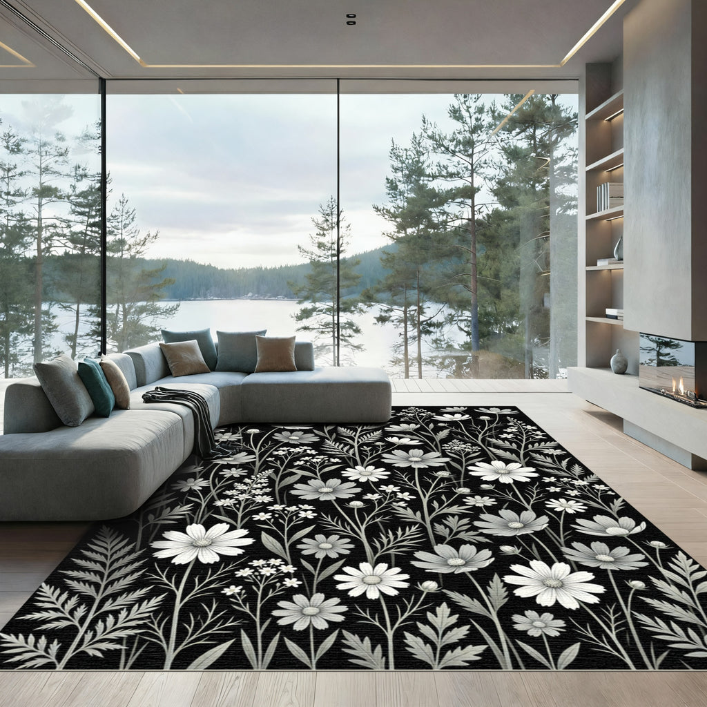Black And White Floral Botanical Garden Rug