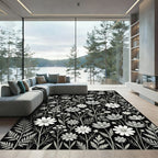 Black And White Floral Botanical Garden Rug