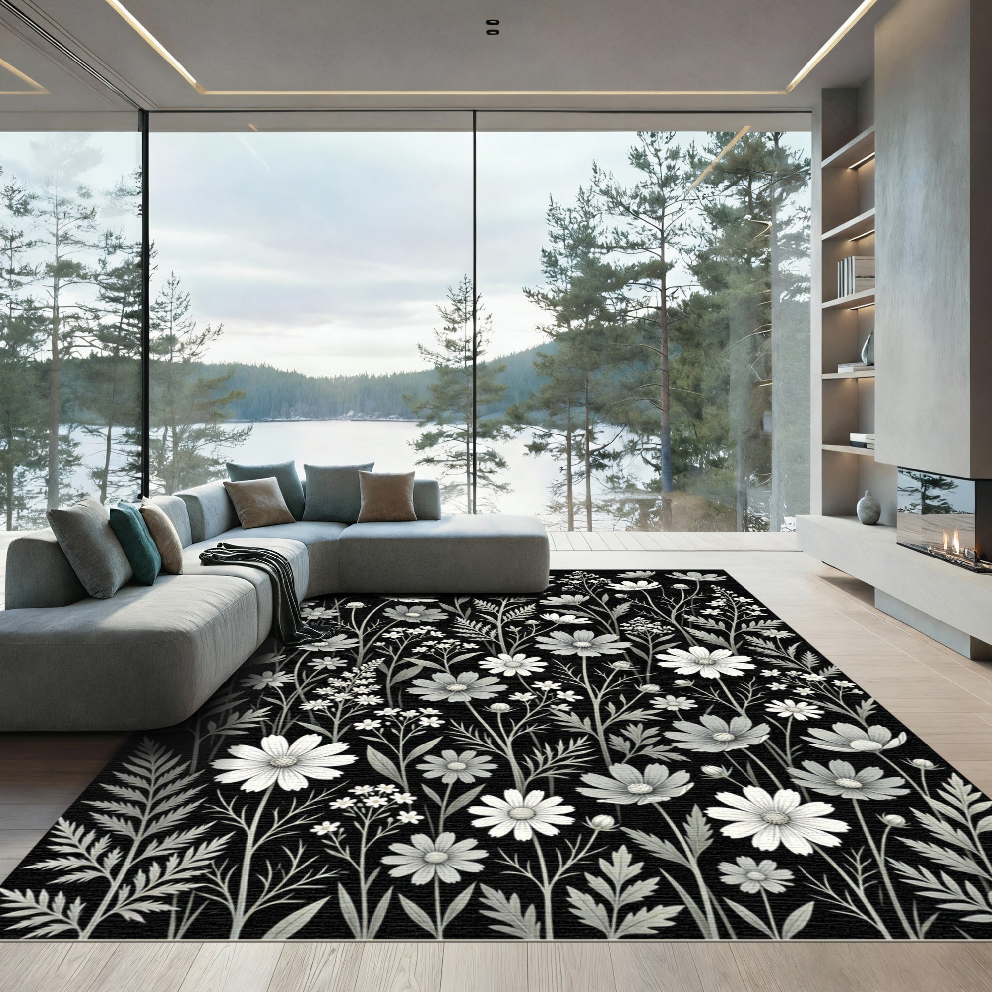 Black And White Floral Botanical Garden Rug