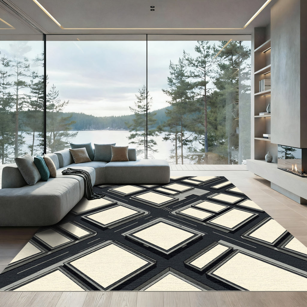 Minimalist Monochrome Geometric Grid Blocks Rug
