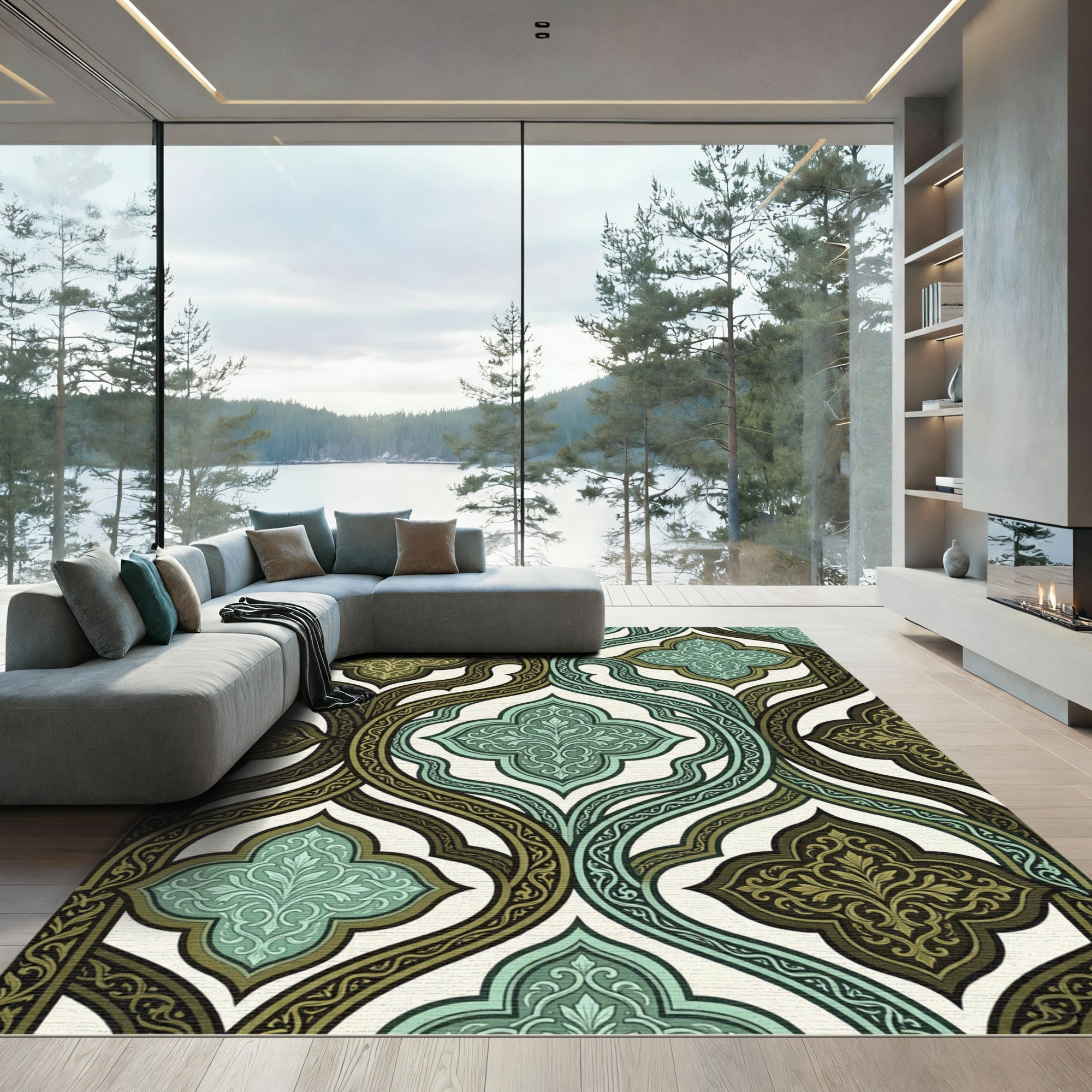 Sage and Olive Interlocking Quatrefoil Scroll Rug