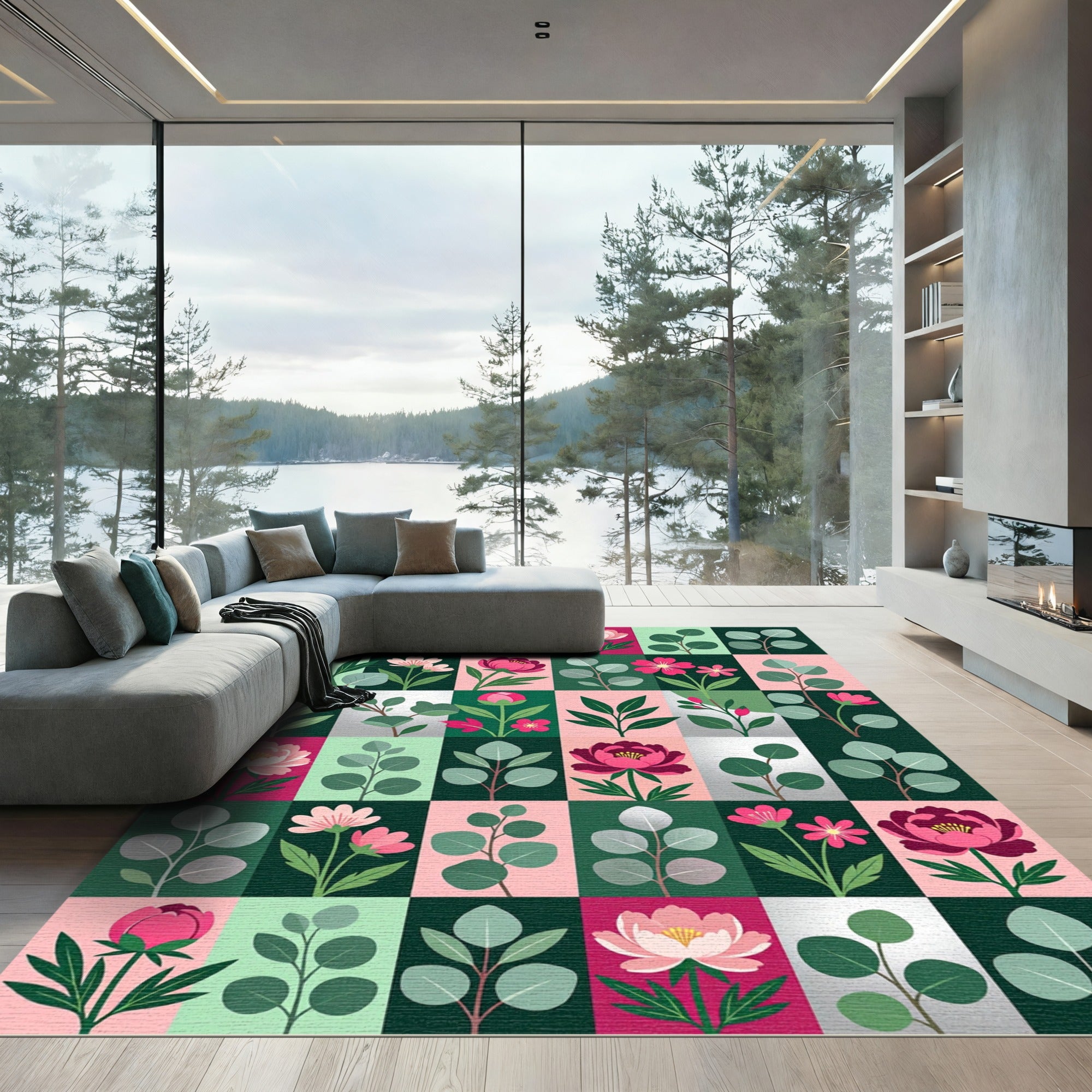Modern Botanical Grid with Pink Peonies Rug