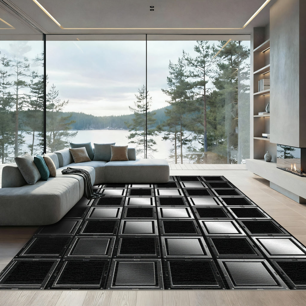 Monochrome Metallic Grid Geometric Square Rug
