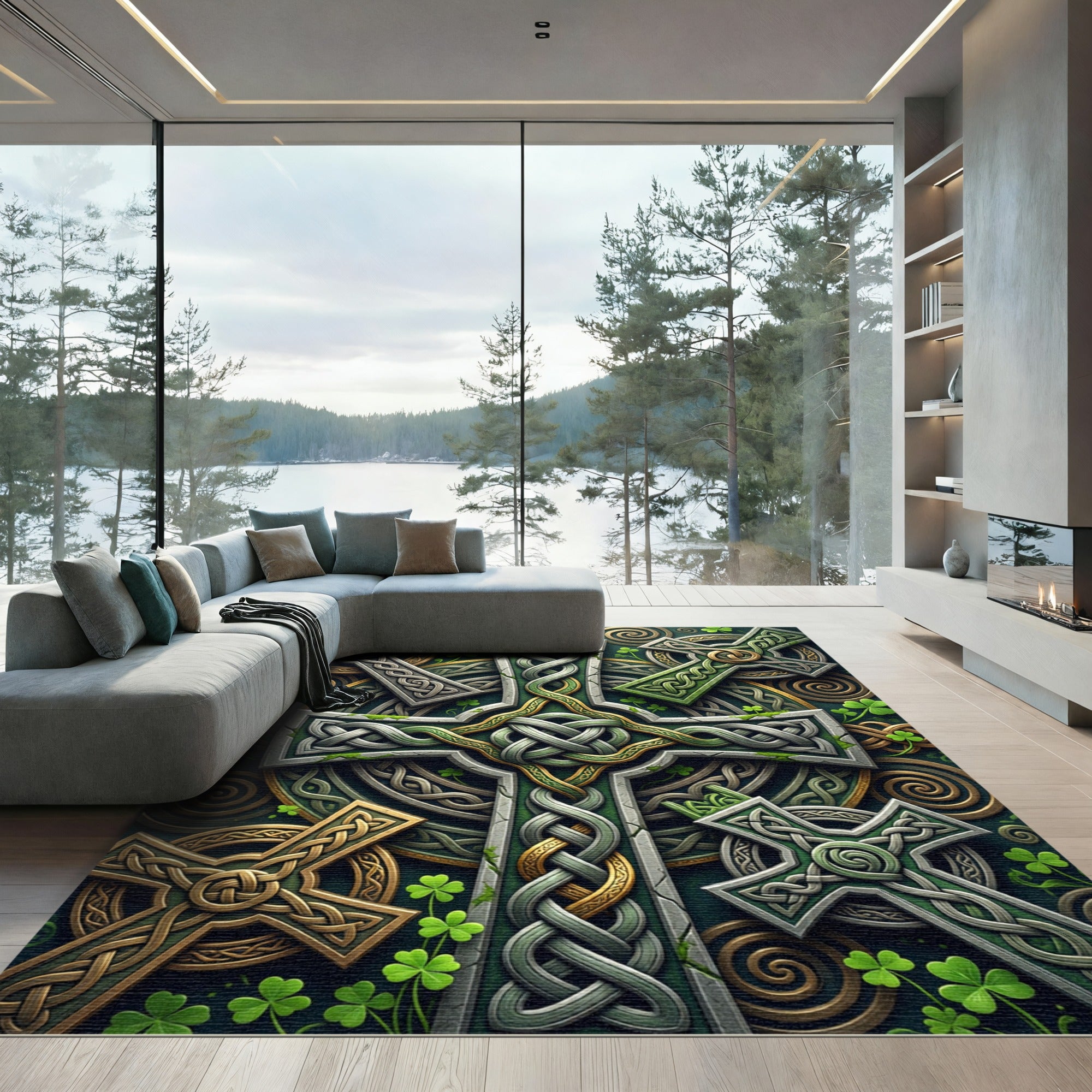 Celtic Knot Shamrock Gold Green Cross Rug