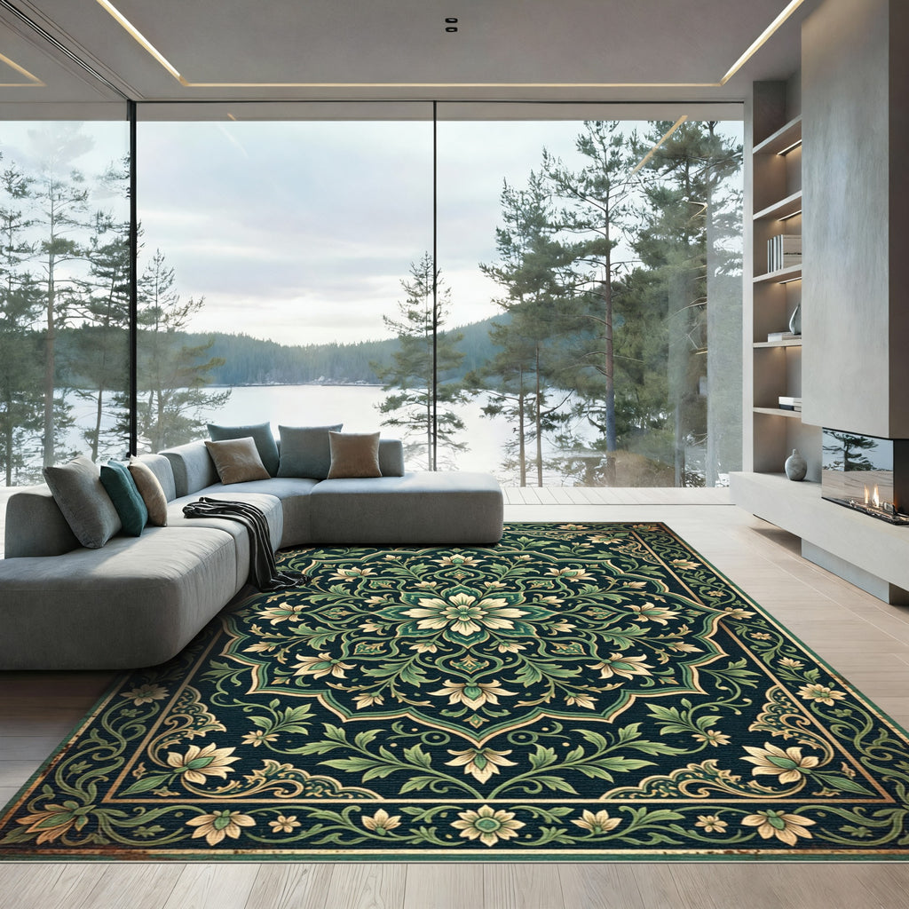 Dark Teal Floral Medallion Mandala Rug
