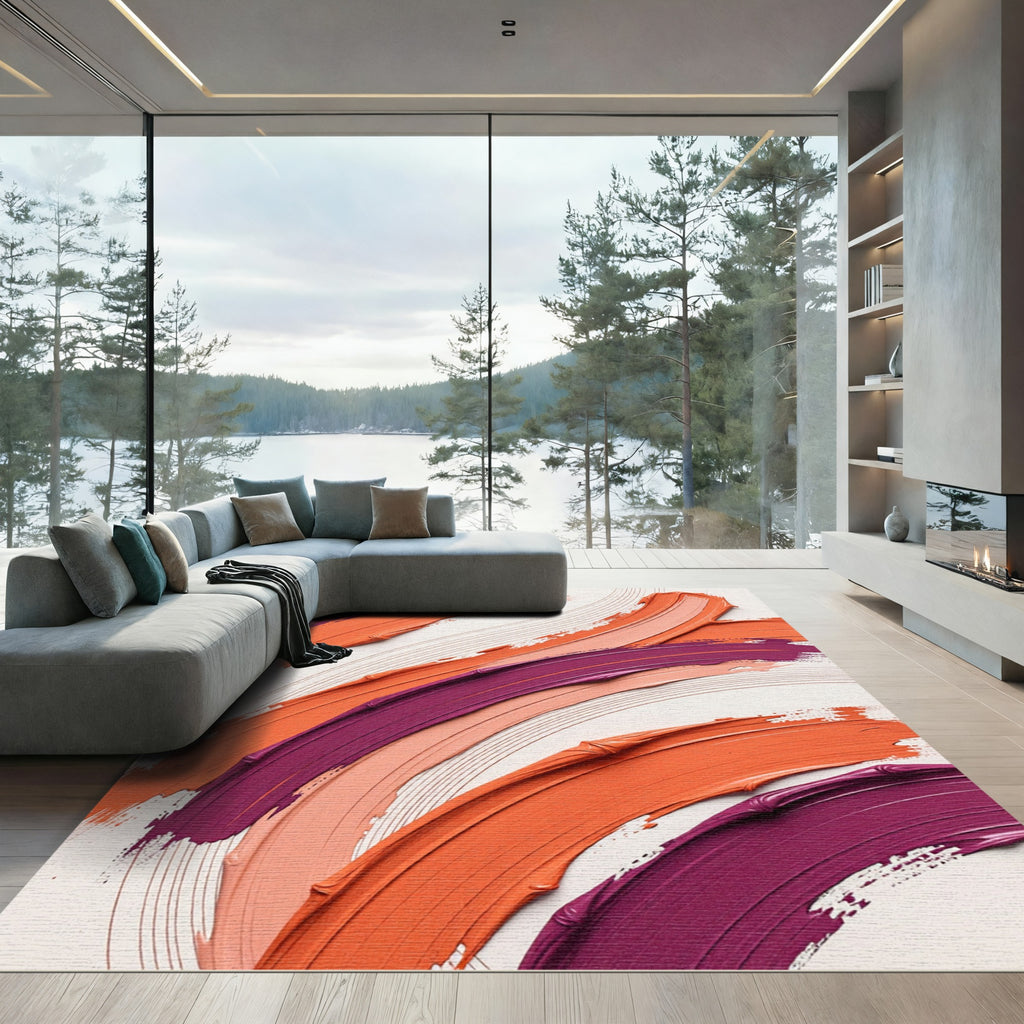 Modern Abstract Painted Orange Purple Curves Rug