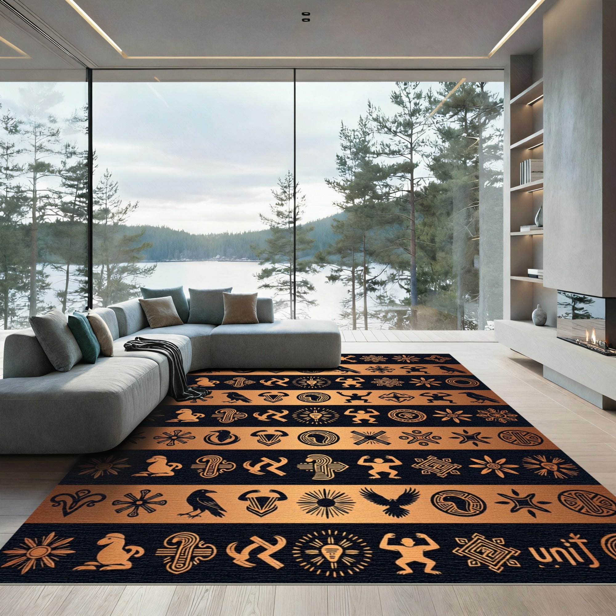 Ancient Metallic Sun Symbol Grid Rug