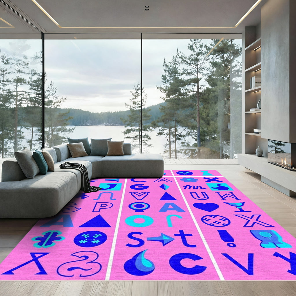 Abstract Blue Graphic Alphabet Collage Rug