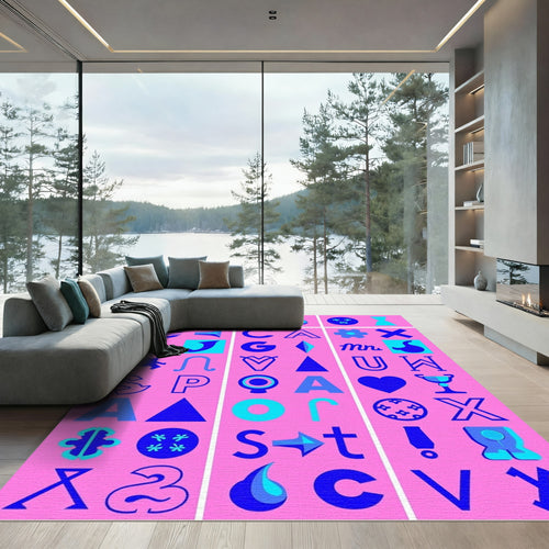 Abstract Blue Graphic Alphabet Collage Rug