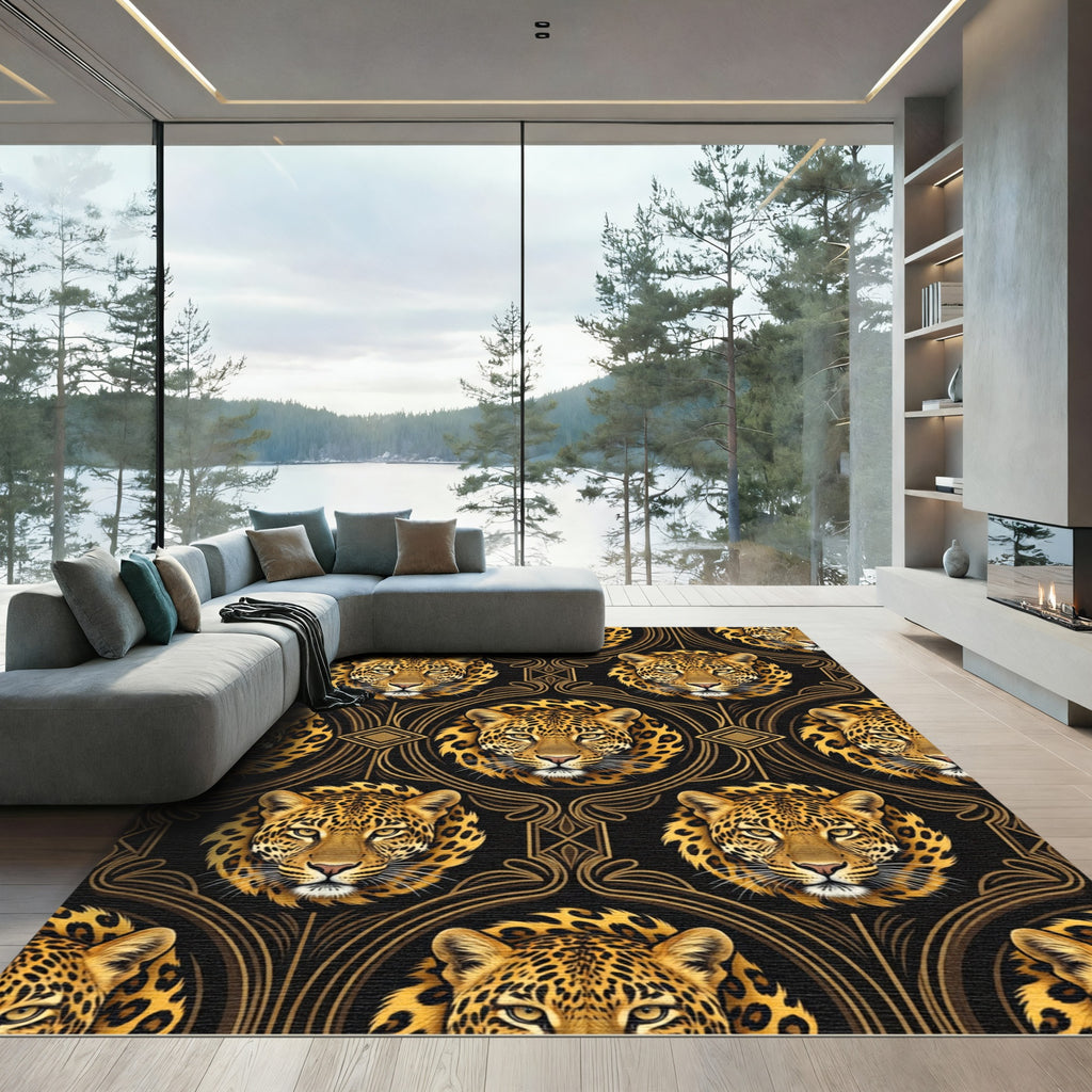 Elegant Golden Leopard Black Art Deco Rug