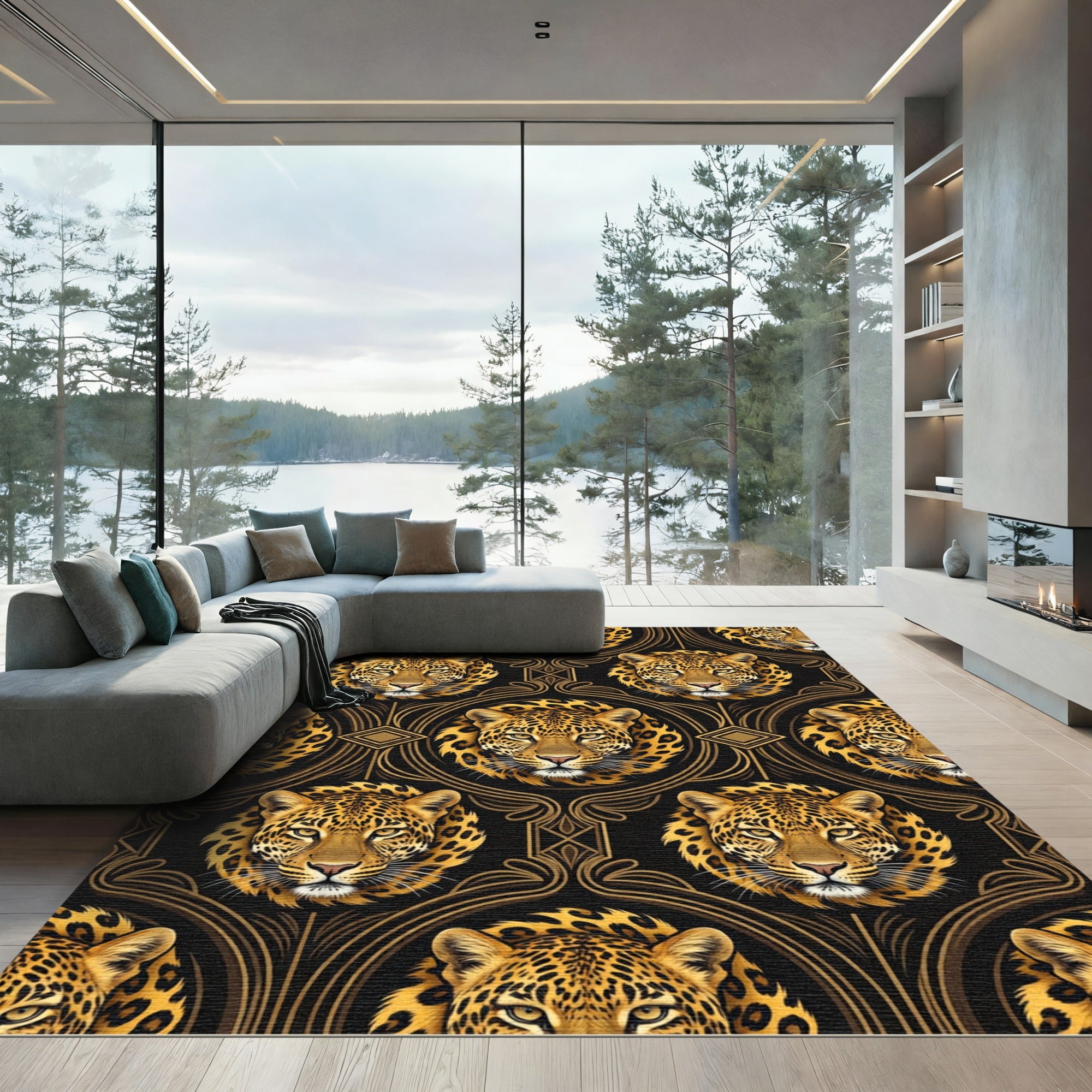 Elegant Golden Leopard Black Art Deco Rug