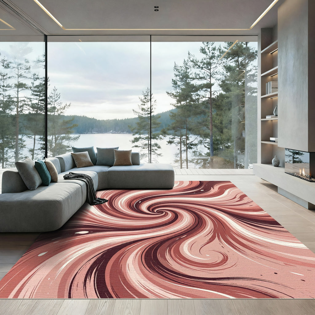 Earthy Crimson Abstract Spiral Swirl Rug