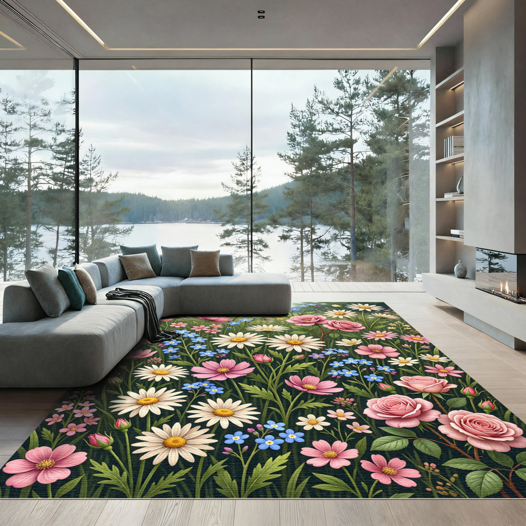 Botanical Pink Daisy Meadow Field Rug