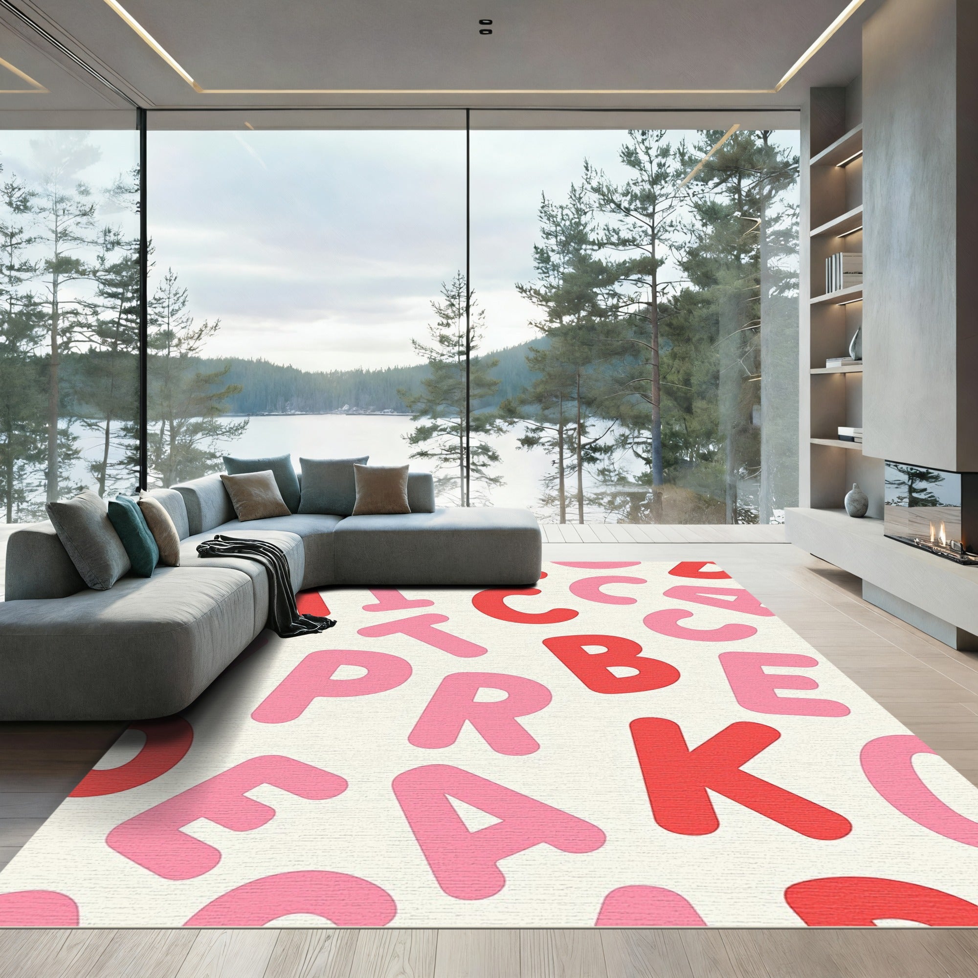 Bold Red Pink Alphabet Collage Rug