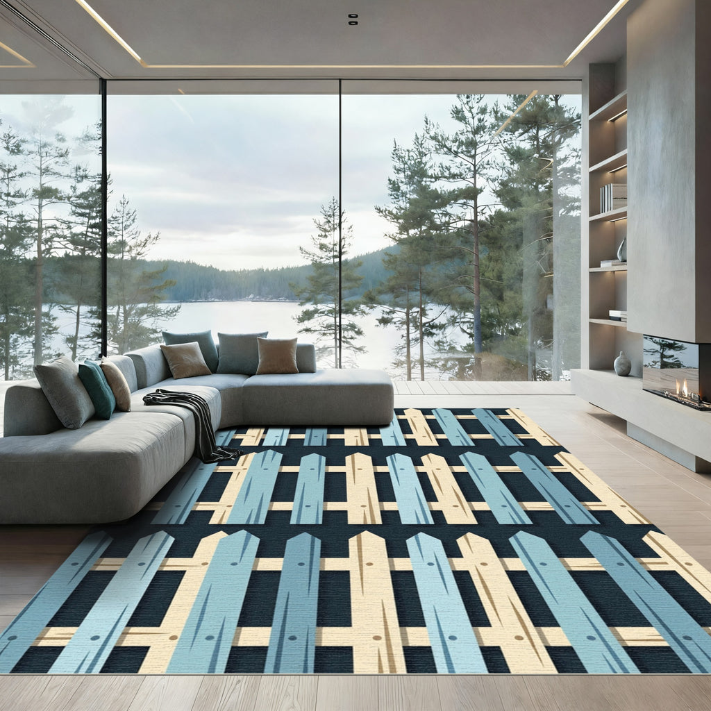 Contemporary Blue and Cream Picket Fence Rug