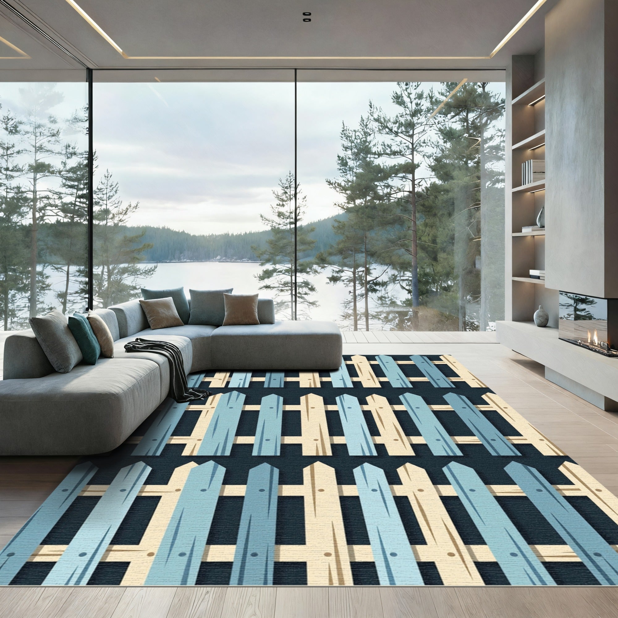 Contemporary Blue and Cream Picket Fence Rug
