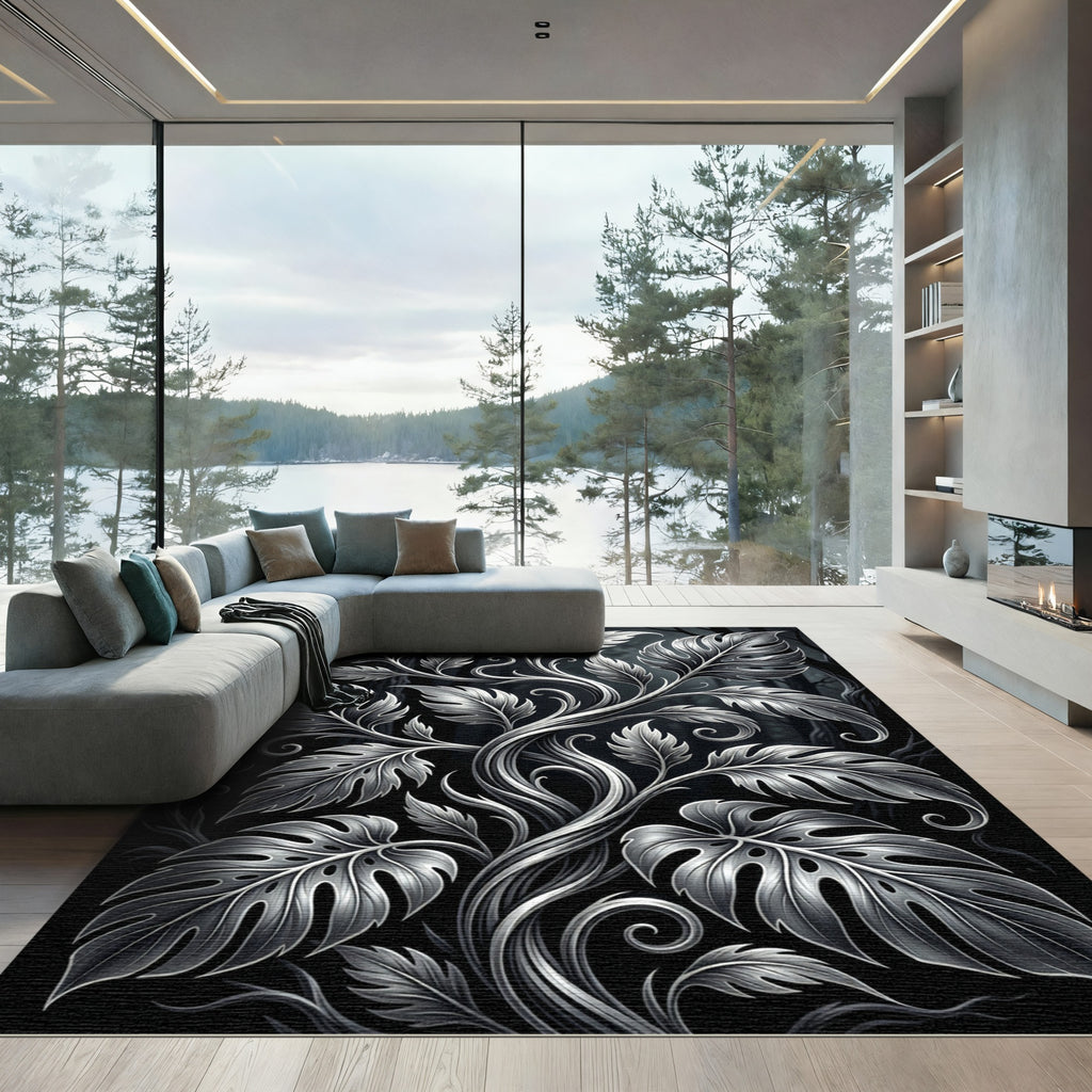 Monochrome Silver Botanical Foliage Swirl Rug